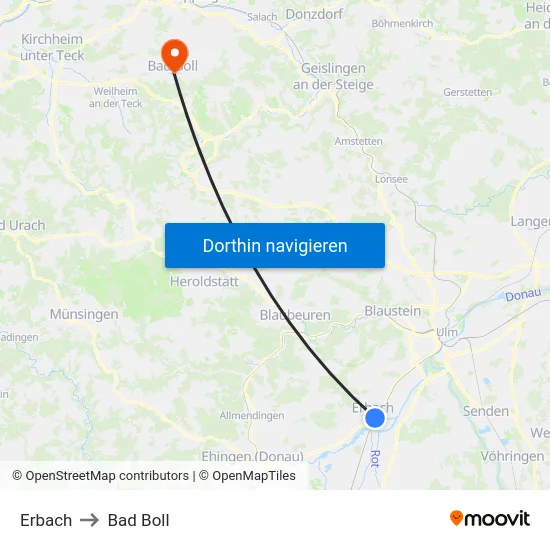 Erbach to Bad Boll map