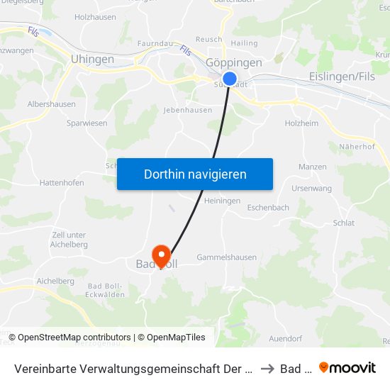 Vereinbarte Verwaltungsgemeinschaft Der Stadt Göppingen to Bad Boll map