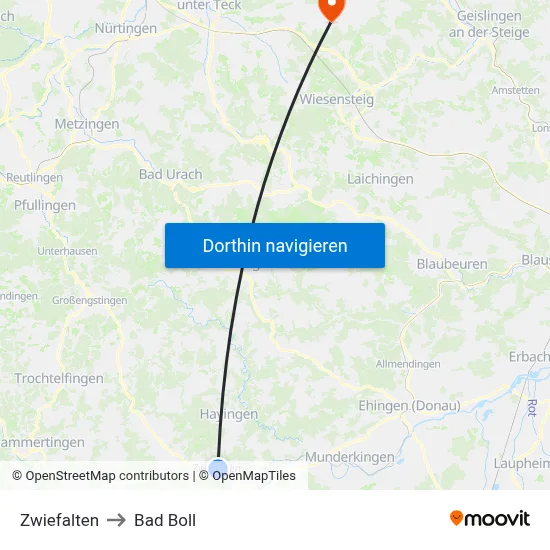 Zwiefalten to Bad Boll map