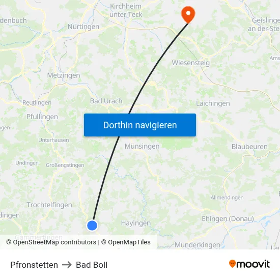 Pfronstetten to Bad Boll map