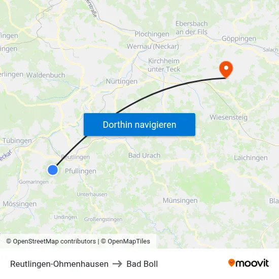 Reutlingen-Ohmenhausen to Bad Boll map