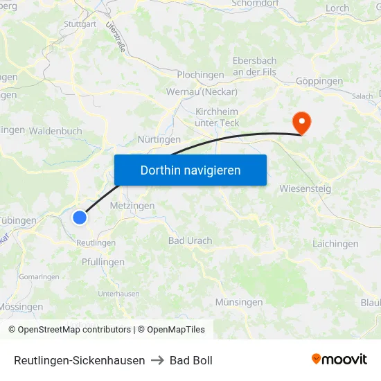 Reutlingen-Sickenhausen to Bad Boll map