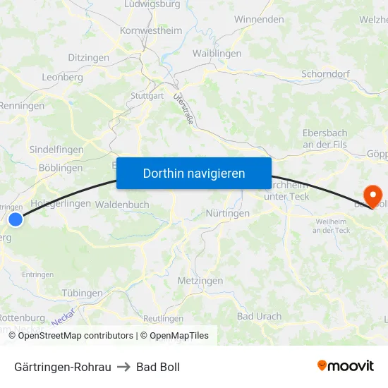 Gärtringen-Rohrau to Bad Boll map