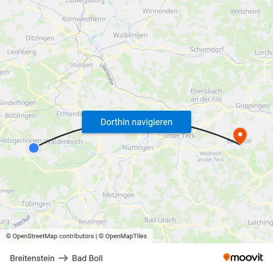 Breitenstein to Bad Boll map