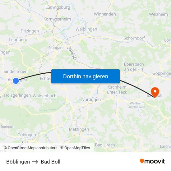 Böblingen to Bad Boll map