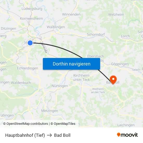 Hauptbahnhof (Tief) to Bad Boll map