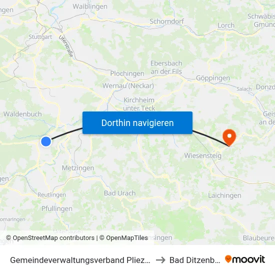 Gemeindeverwaltungsverband Pliezhausen to Bad Ditzenbach map