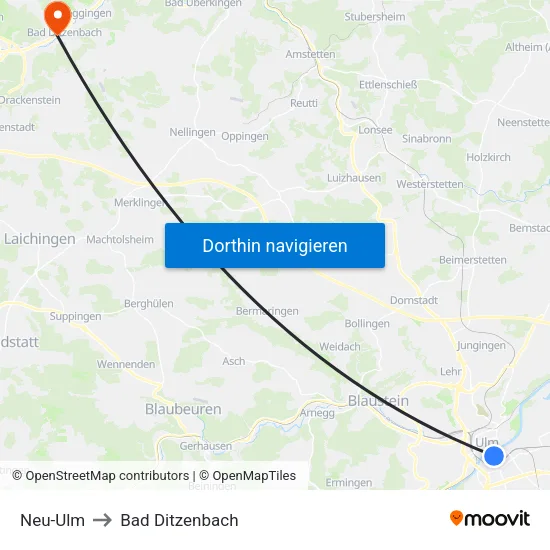 Neu-Ulm to Bad Ditzenbach map