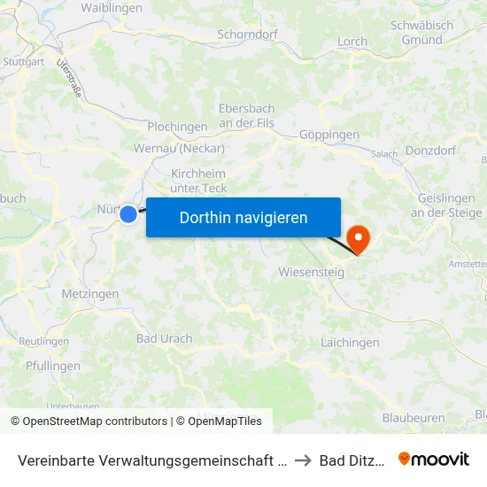 Vereinbarte Verwaltungsgemeinschaft Der Stadt Nürtingen to Bad Ditzenbach map