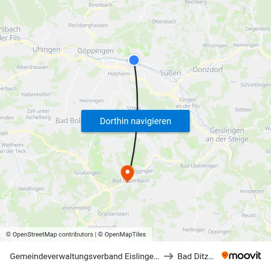 Gemeindeverwaltungsverband Eislingen-Ottenbach-Salach to Bad Ditzenbach map