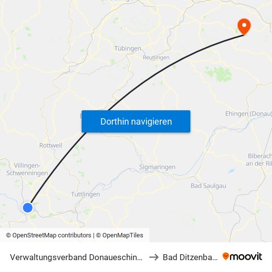 Verwaltungsverband Donaueschingen to Bad Ditzenbach map