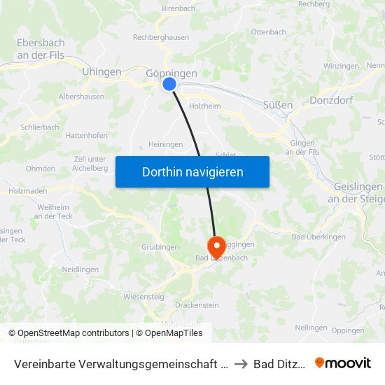 Vereinbarte Verwaltungsgemeinschaft Der Stadt Göppingen to Bad Ditzenbach map