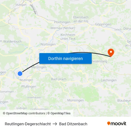 Reutlingen-Degerschlacht to Bad Ditzenbach map