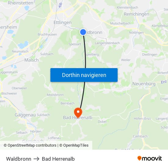 Waldbronn to Bad Herrenalb map