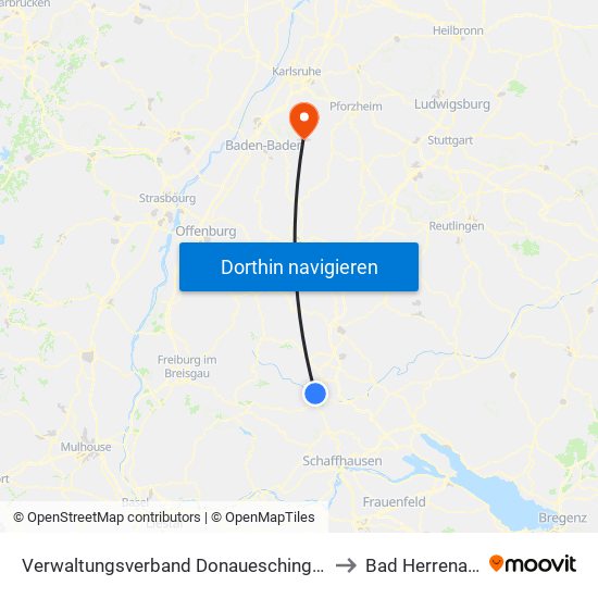 Verwaltungsverband Donaueschingen to Bad Herrenalb map