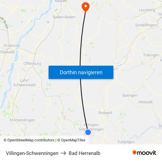 Villingen-Schwenningen to Bad Herrenalb map