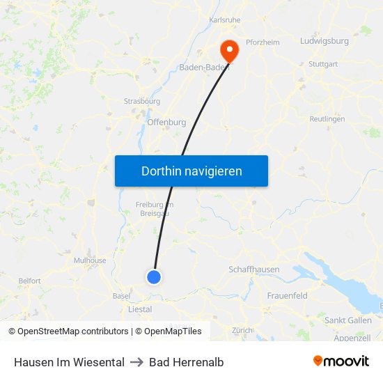Hausen Im Wiesental to Bad Herrenalb map