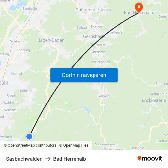 Sasbachwalden to Bad Herrenalb map