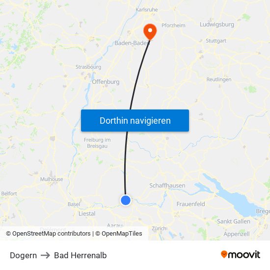 Dogern to Bad Herrenalb map