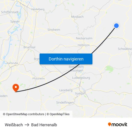 Weißbach to Bad Herrenalb map