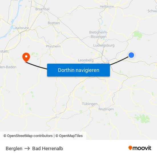 Berglen to Bad Herrenalb map