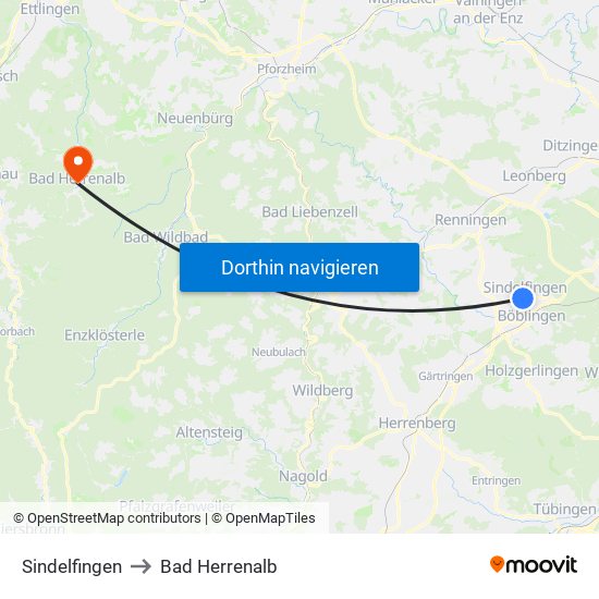 Sindelfingen to Bad Herrenalb map