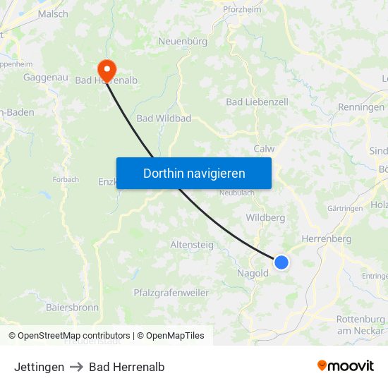 Jettingen to Bad Herrenalb map