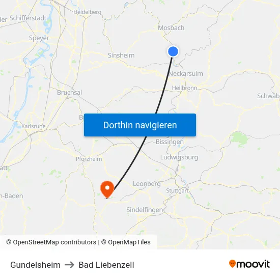 Gundelsheim to Bad Liebenzell map