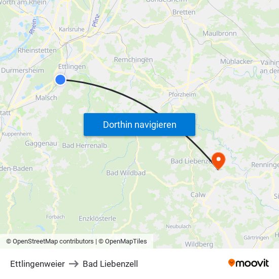 Ettlingenweier to Bad Liebenzell map