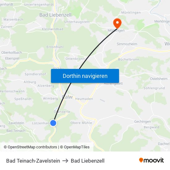 Bad Teinach-Zavelstein to Bad Liebenzell map
