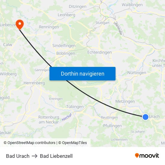 Bad Urach to Bad Liebenzell map