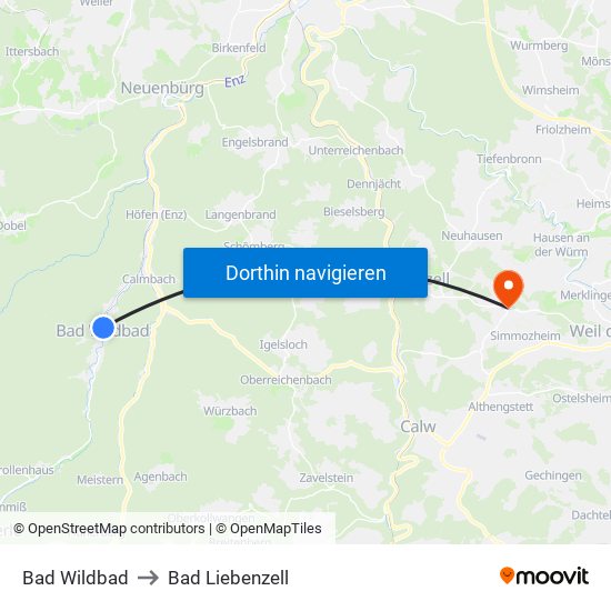Bad Wildbad to Bad Liebenzell map
