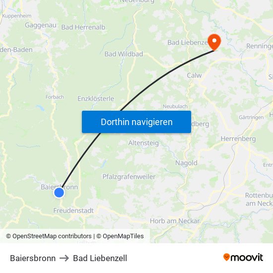 Baiersbronn to Bad Liebenzell map