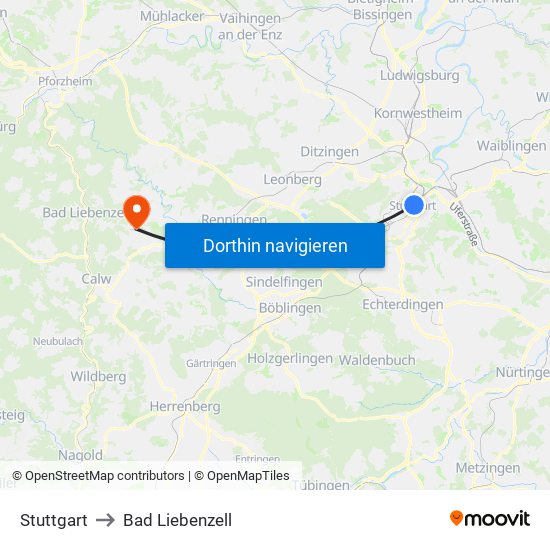 Stuttgart to Bad Liebenzell map