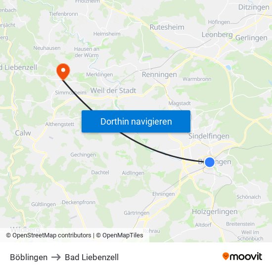 Böblingen to Bad Liebenzell map