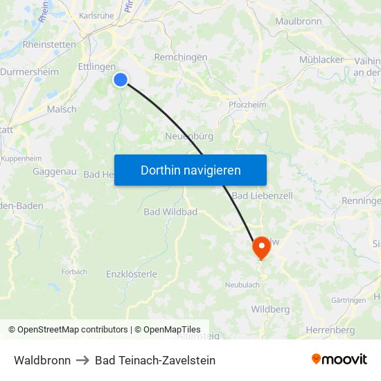 Waldbronn to Bad Teinach-Zavelstein map