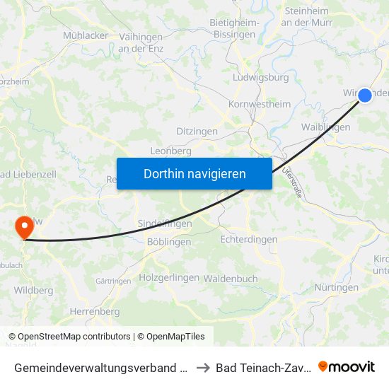 Gemeindeverwaltungsverband Winnenden to Bad Teinach-Zavelstein map