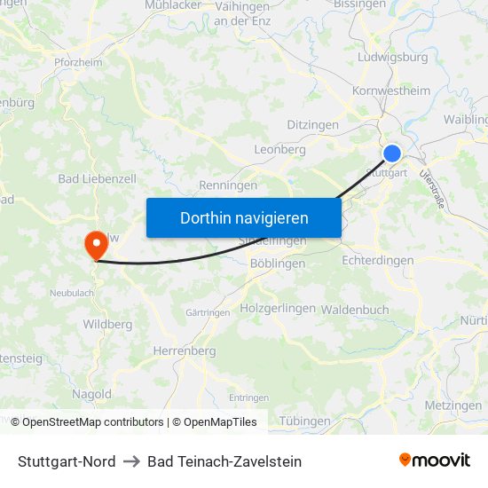 Stuttgart-Nord to Bad Teinach-Zavelstein map