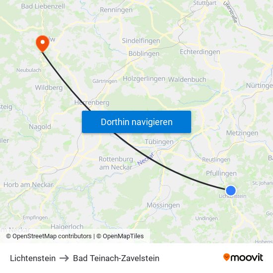 Lichtenstein to Bad Teinach-Zavelstein map