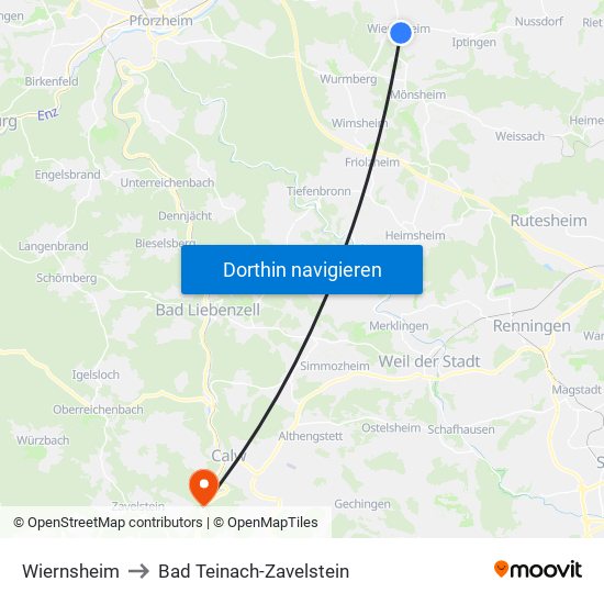 Wiernsheim to Bad Teinach-Zavelstein map