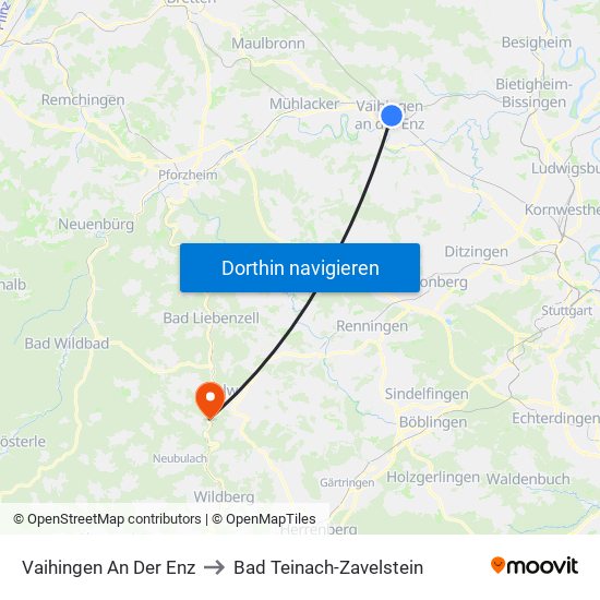 Vaihingen An Der Enz to Bad Teinach-Zavelstein map
