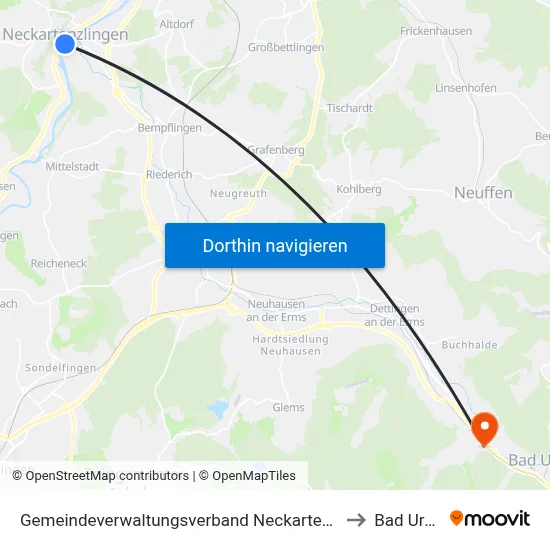 Gemeindeverwaltungsverband Neckartenzlingen to Bad Urach map