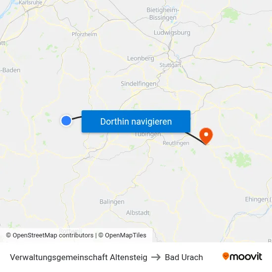 Verwaltungsgemeinschaft Altensteig to Bad Urach map