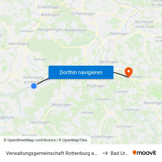 Verwaltungsgemeinschaft Rottenburg am Neckar to Bad Urach map
