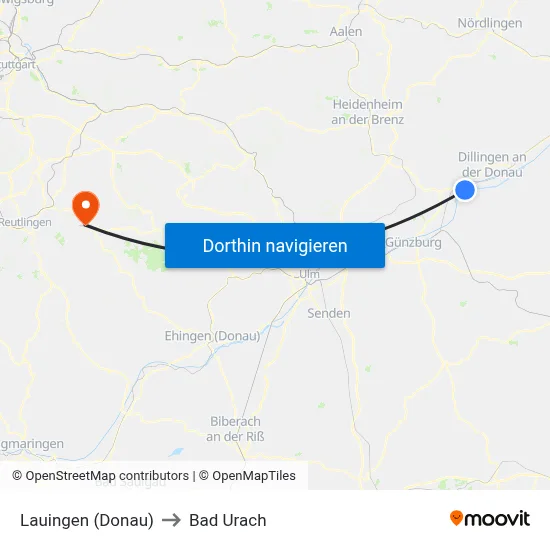 Lauingen (Donau) to Bad Urach map