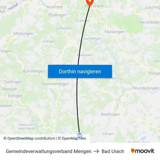 Gemeindeverwaltungsverband Mengen to Bad Urach map