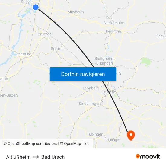 Altlußheim to Bad Urach map