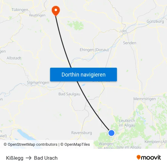 Kißlegg to Bad Urach map
