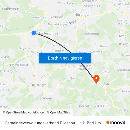 Gemeindeverwaltungsverband Pliezhausen to Bad Urach map