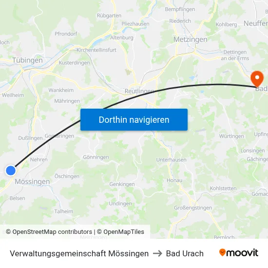 Verwaltungsgemeinschaft Mössingen to Bad Urach map